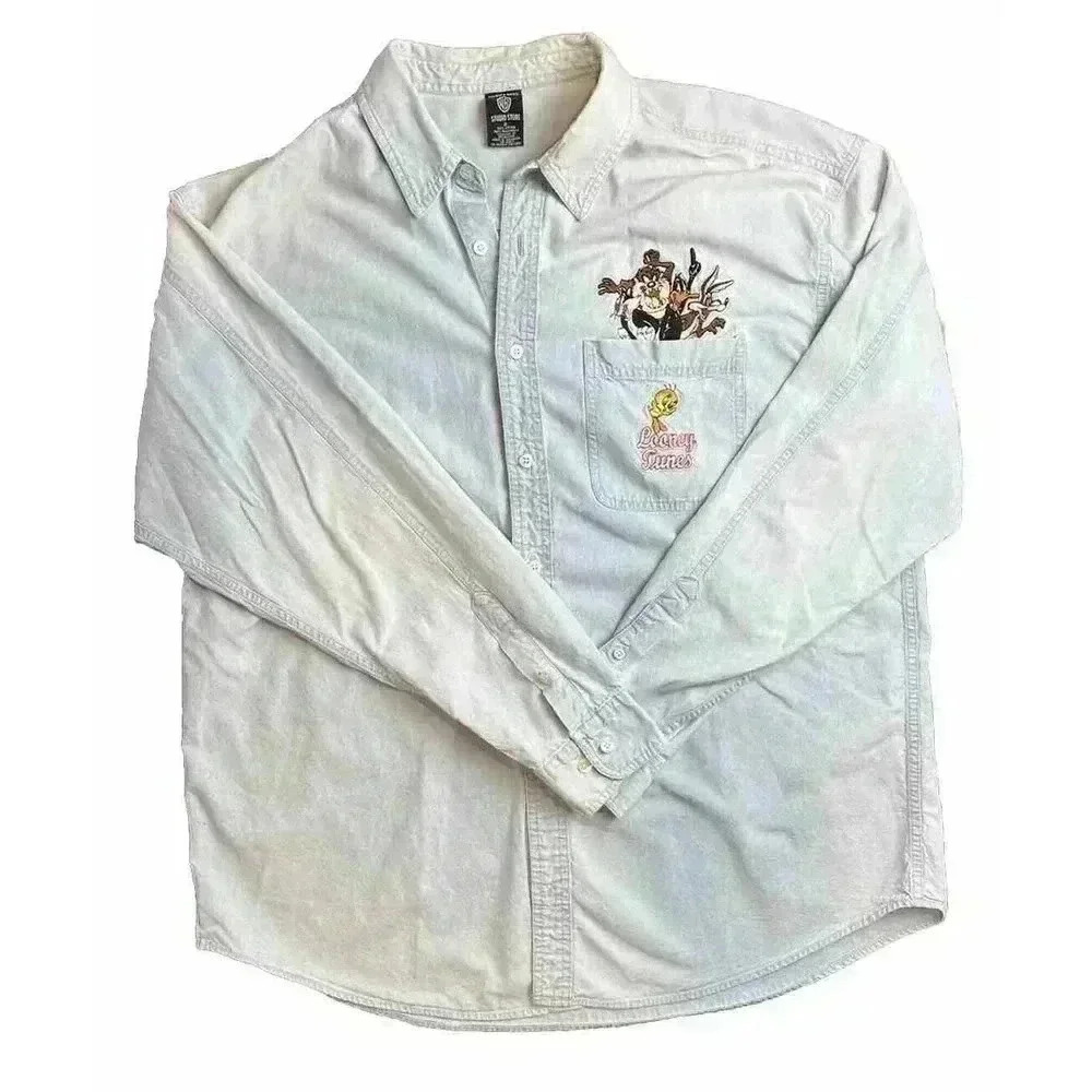 Vintage 90s WB Studio Looney Tunes Embroidered Shirt Button Up Men XL Blue Denim